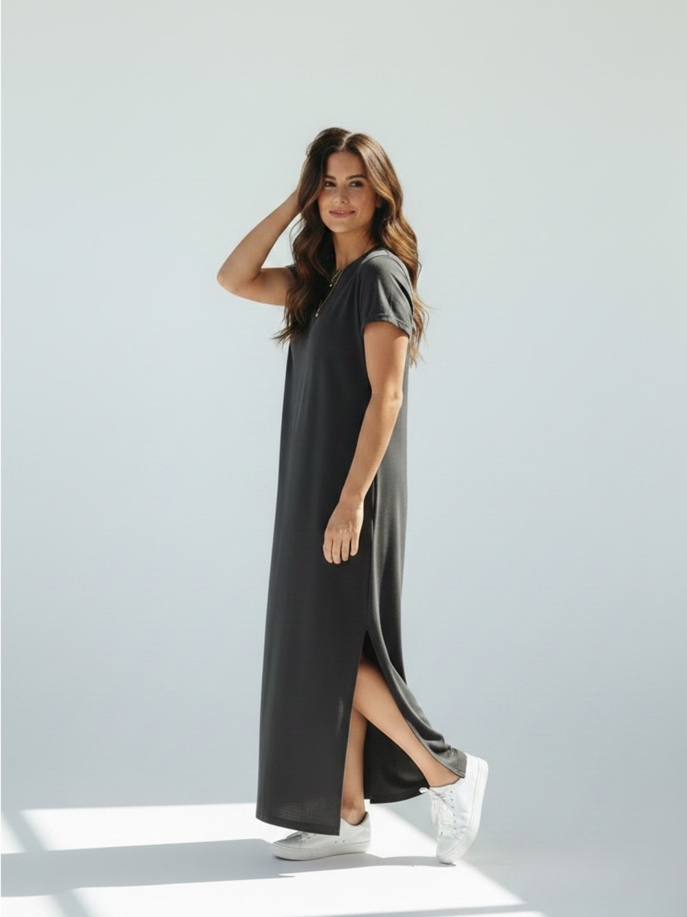 Charcoal Maxi Dress Minimalist Capsule Wardrobe Coastal Cool Athleisure Dress
